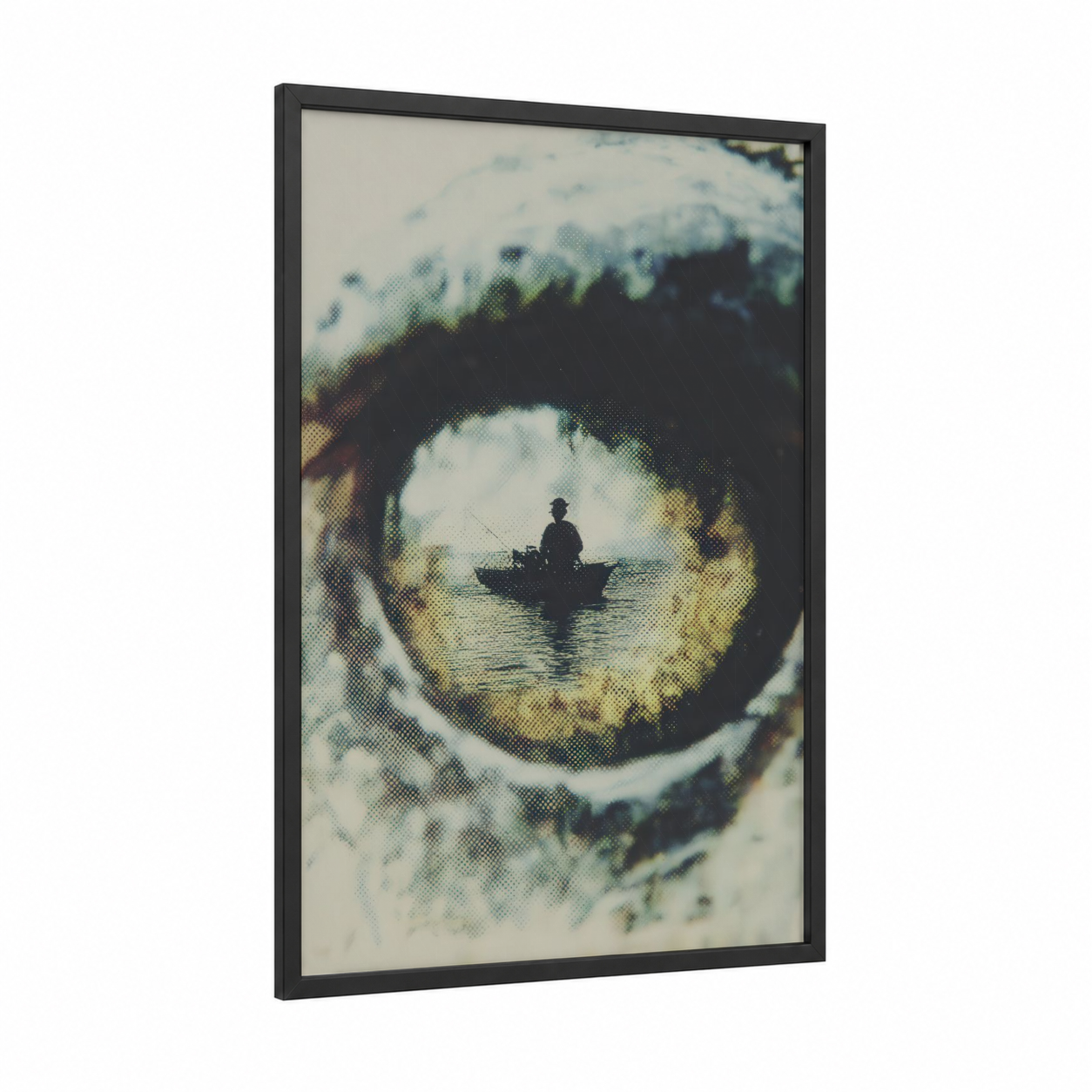 Tunnel Bass Fisher framed art print — black wood frame — gray and yellow and blue and gold palette