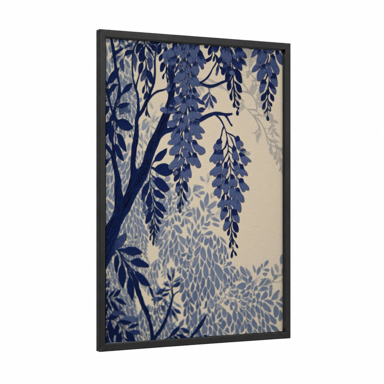Indigo Wisteria framed art print — black wood frame — blue and cream palette