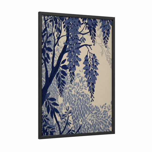 Indigo Wisteria framed art print — black wood frame — blue and cream palette