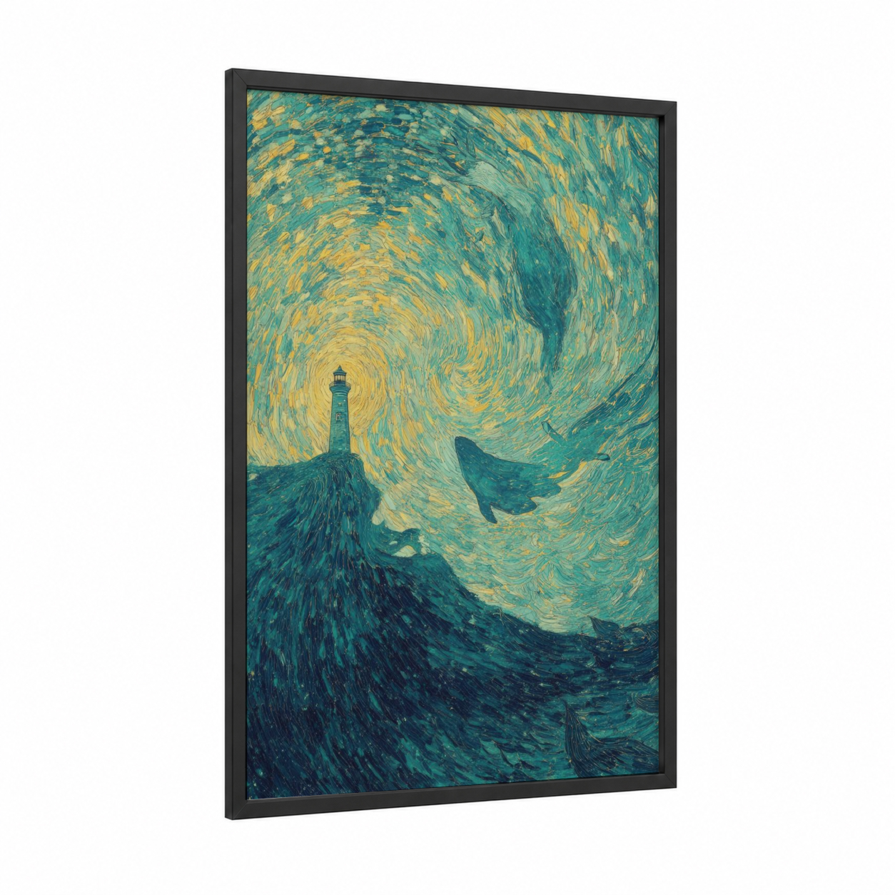 Starry Narwhal framed art print — black wood frame — teal and gold palette