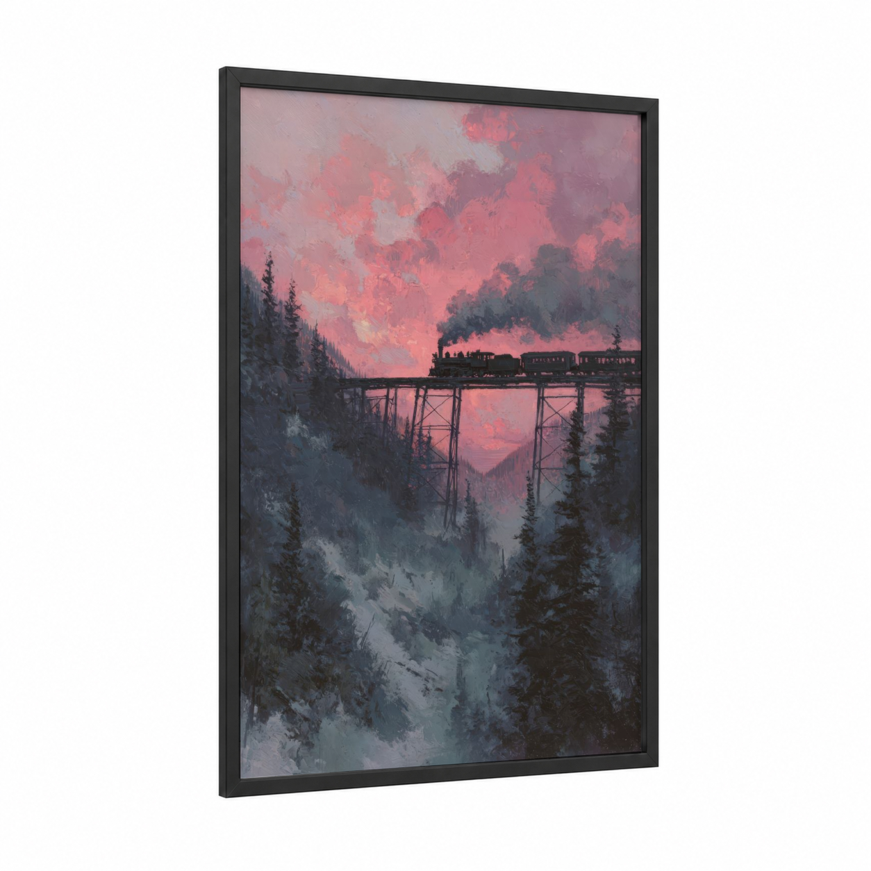 Mountain Train Sunset framed art print — black wood frame — pink and gray palette