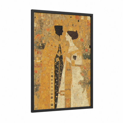 Royal Wedding Couple framed groom and bride print — black wood frame — gold and black and gold palette