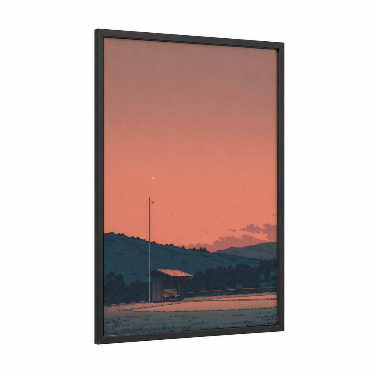 Twilight Baseball framed art print — black wood frame — salmon pink and dark blue palette