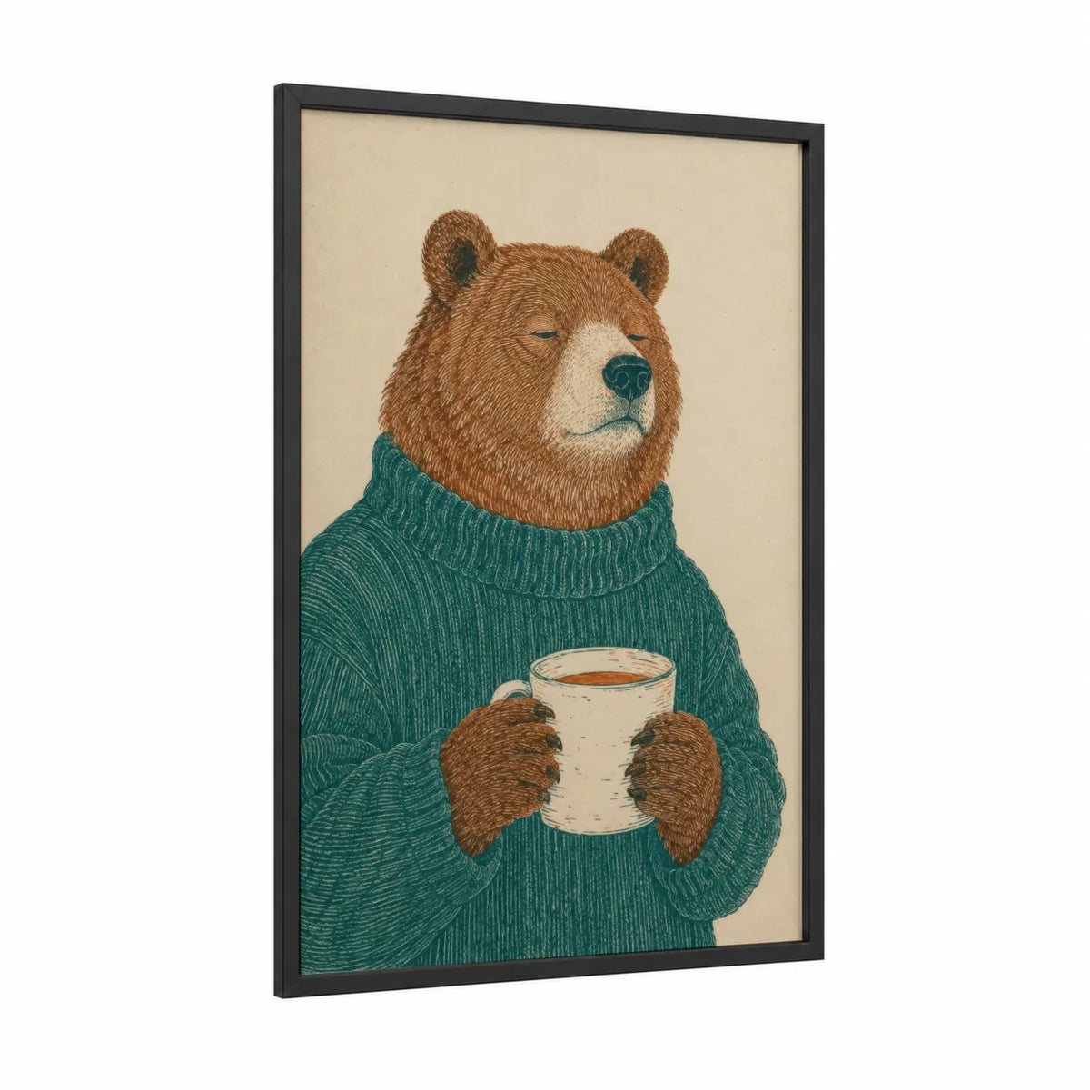 Bear Holding Coffee Mug Wall Art framed art print — black wood frame — teal and beige palette