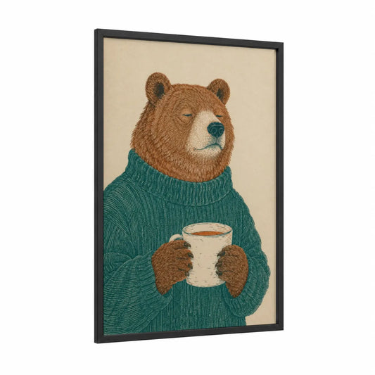 Bear Holding Coffee Mug Wall Art framed art print — black wood frame — teal and beige palette
