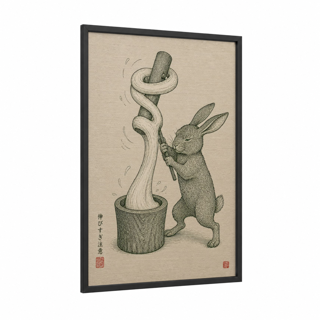 Japanese Rabbit Mochi Pounding Wall Art framed art print — black wood frame — beige and cream palette