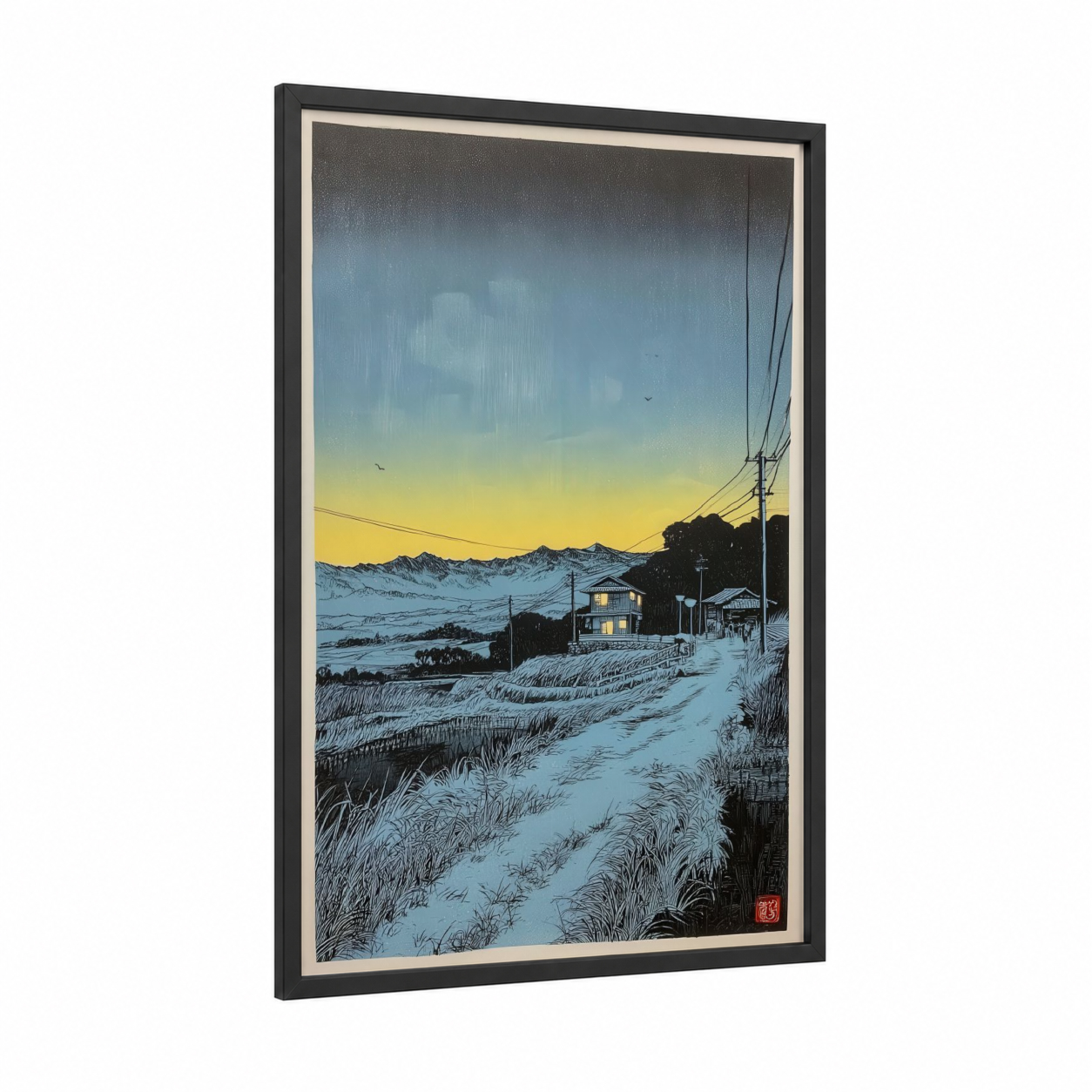 Arctic Homestead framed various landscapes print — black wood frame — blue and yellow gold palette