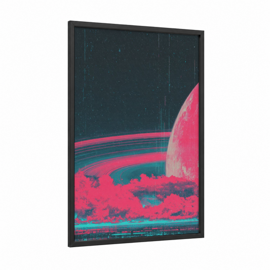 Neon Galaxy framed art print — black wood frame — magenta and teal palette