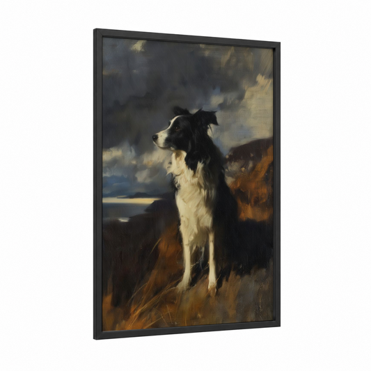 Highland Sentinel framed shepherd dogs and collies print — black wood frame — black and white and gold palette