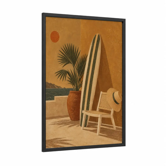 Coastal Surfboard Scene Wall Art framed beach town print — black wood frame — mustard and olive palette