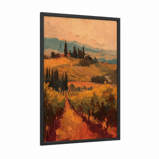 Tuscan Sunset framed art print — black wood frame — gold and russet palette