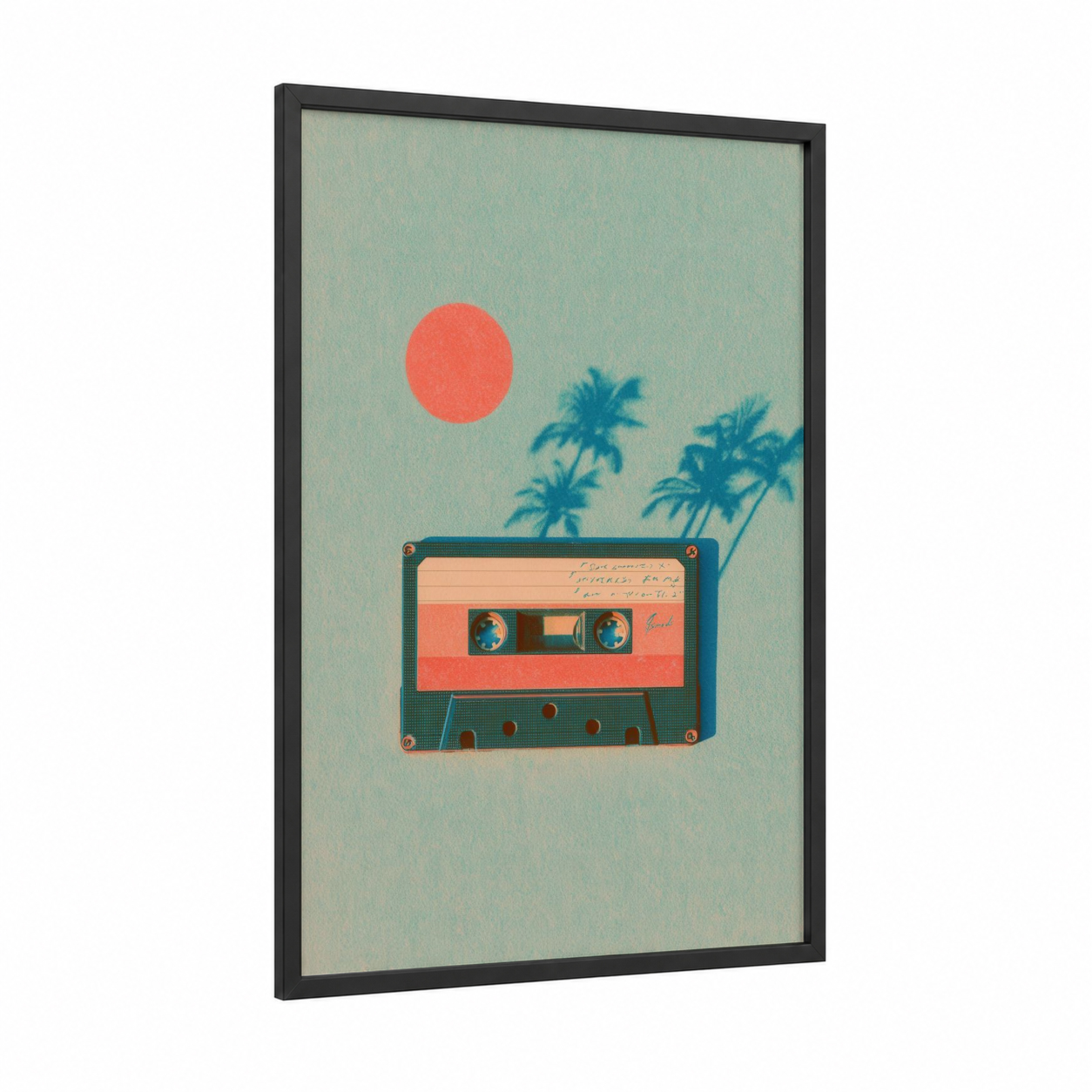 Retro Cassette Sunset framed casette print — black wood frame — teal and salmon pink palette