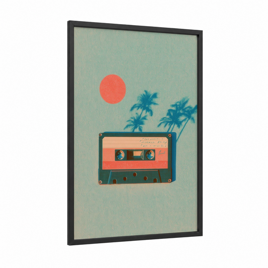 Retro Cassette Sunset framed casette print — black wood frame — teal and salmon pink palette