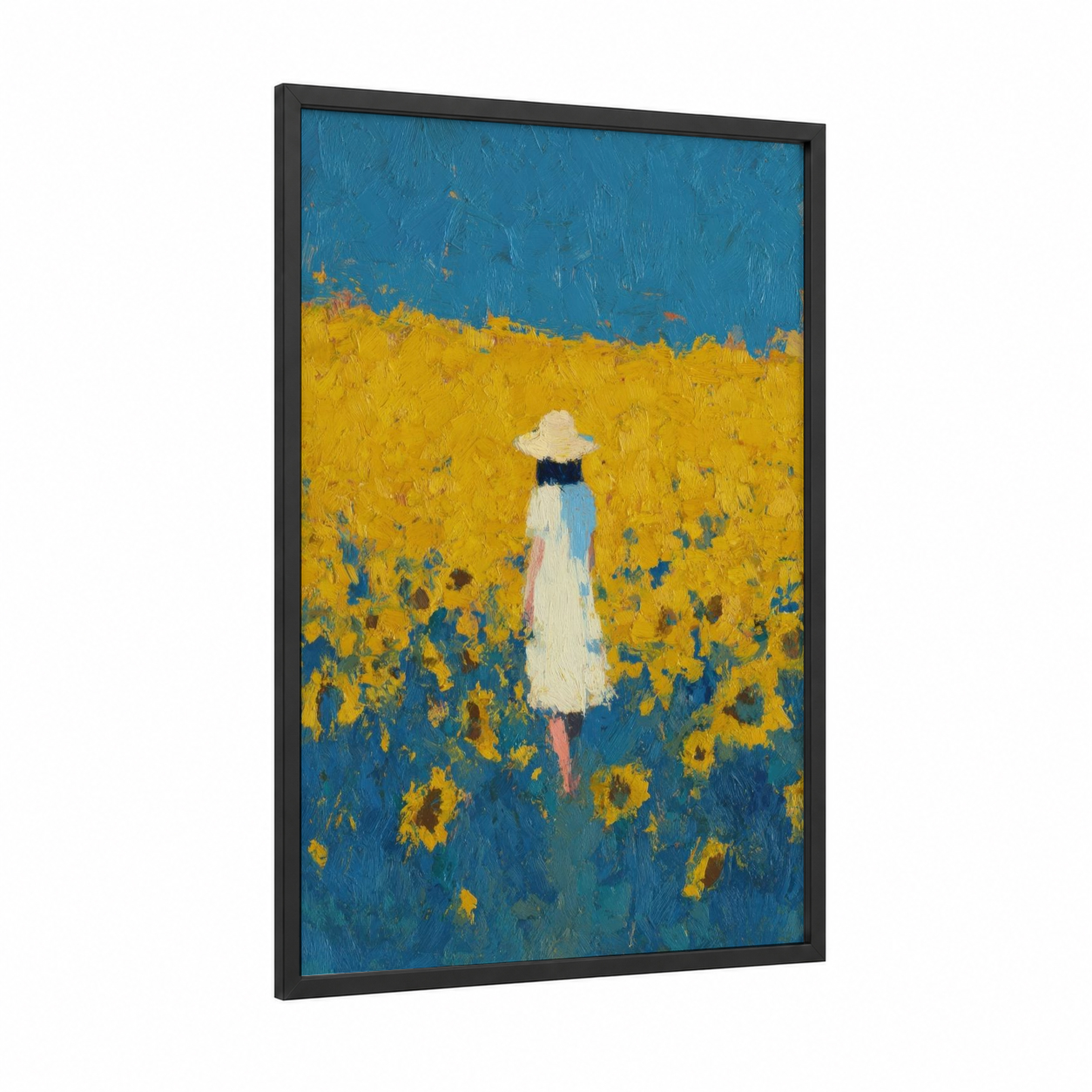 Sunflower Wanderer framed art for girl print — black wood frame — blue and yellow gold palette