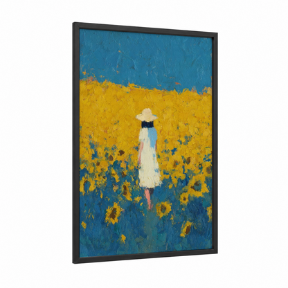 Sunflower Wanderer framed art for girl print — black wood frame — blue and yellow gold palette