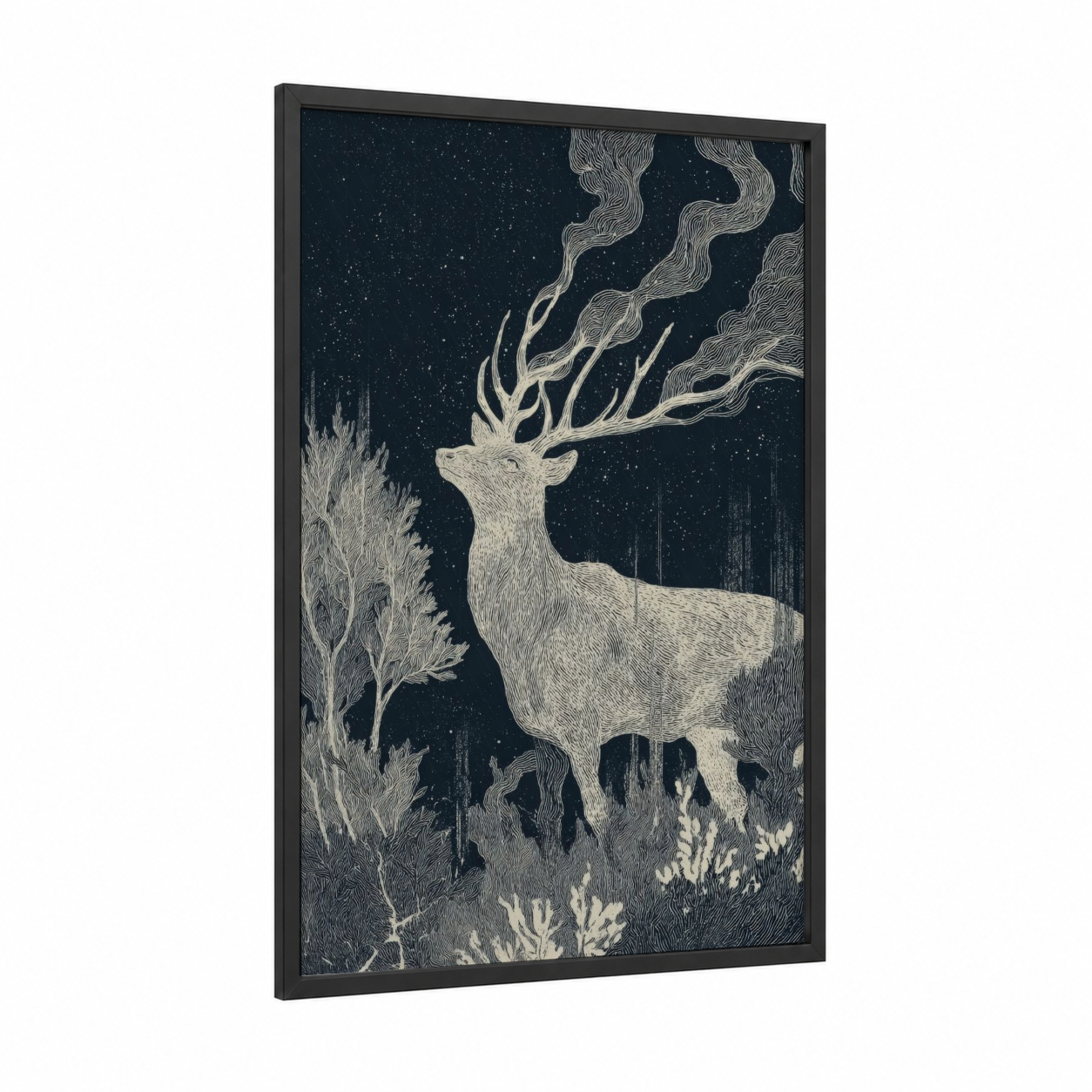 Starlit Stag framed dark fantasy print — black wood frame — black and white and silver palette
