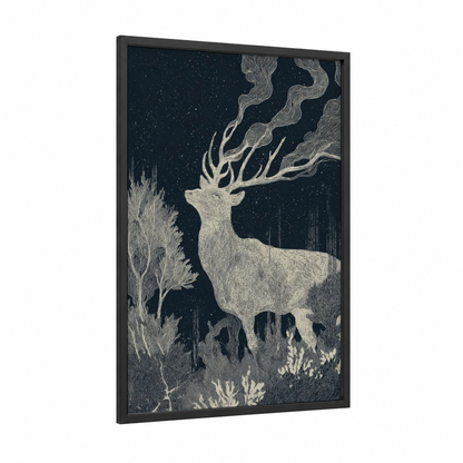 Starlit Stag framed dark fantasy print — black wood frame — black and white and silver palette