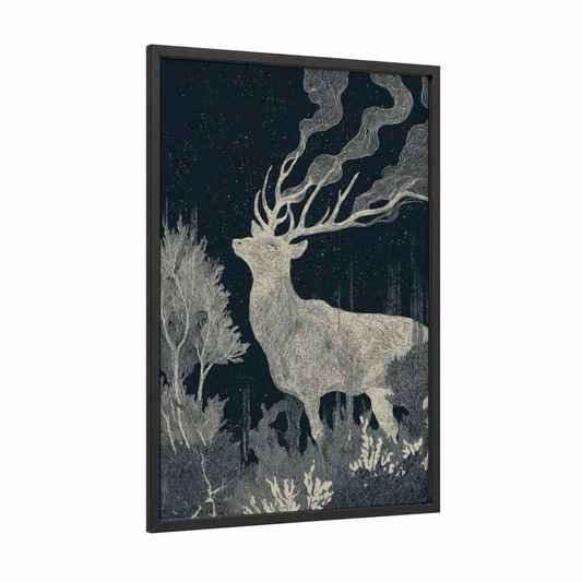 Starlit Stag framed dark fantasy print — black wood frame — black and white and silver palette