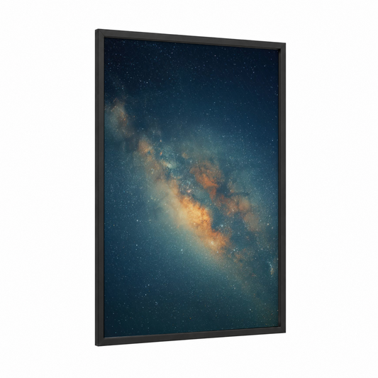 Milky Way Nebula framed galaxy print — black wood frame — dark blue and gold palette