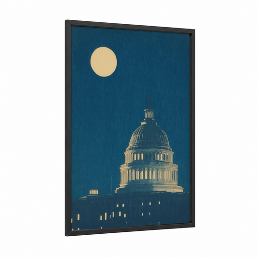 Moonlit Capitol framed us capitol print — black wood frame — dark blue and gold and white palette