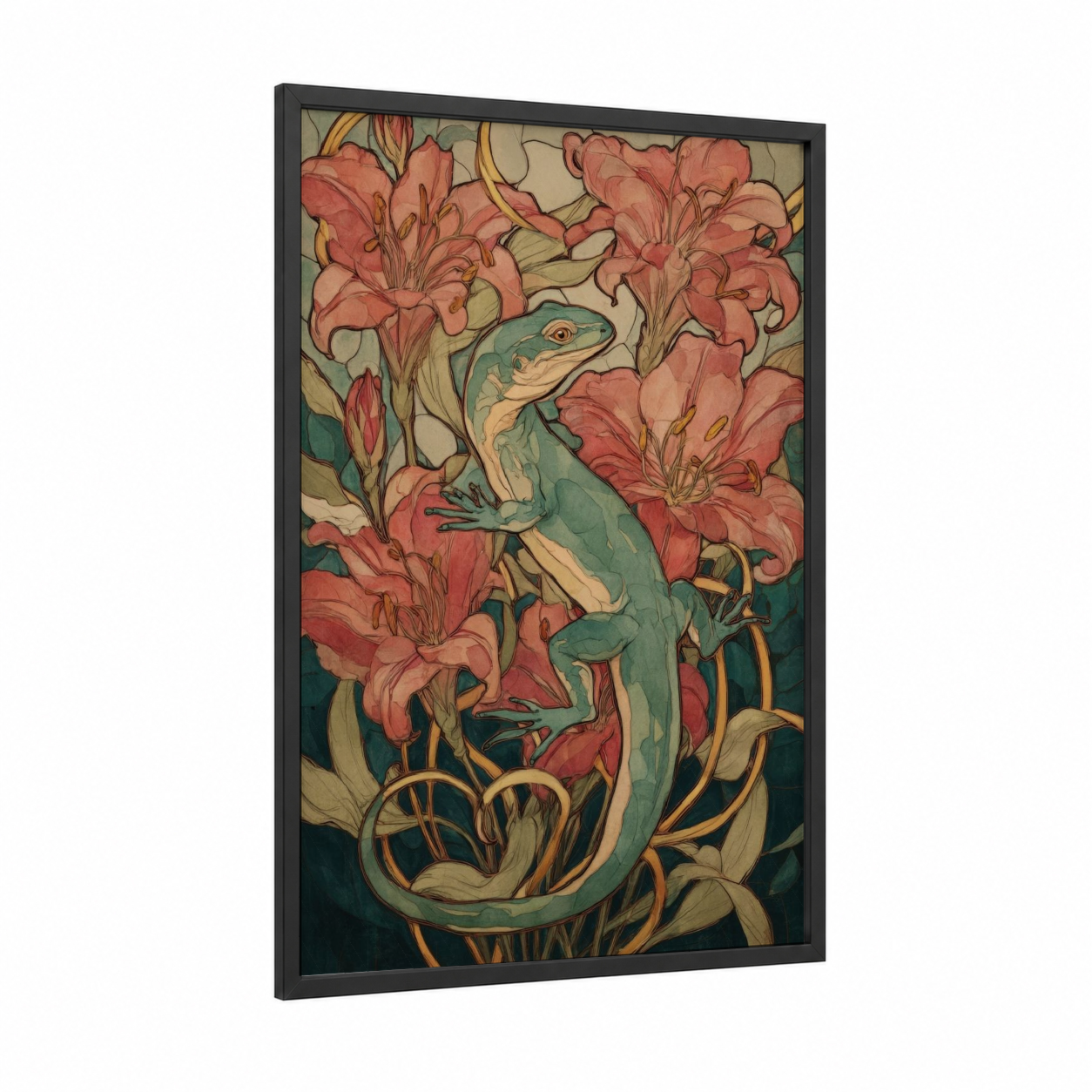 Emerald Lizard Bloom framed art print — black wood frame — teal and salmon pink palette