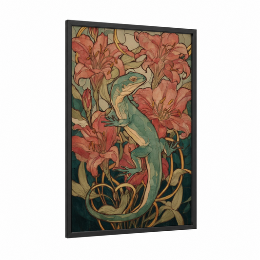 Emerald Lizard Bloom framed art print — black wood frame — teal and salmon pink palette