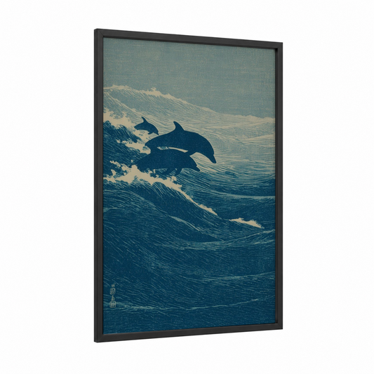 Leaping Dolphins framed art print — black wood frame — teal and cream palette