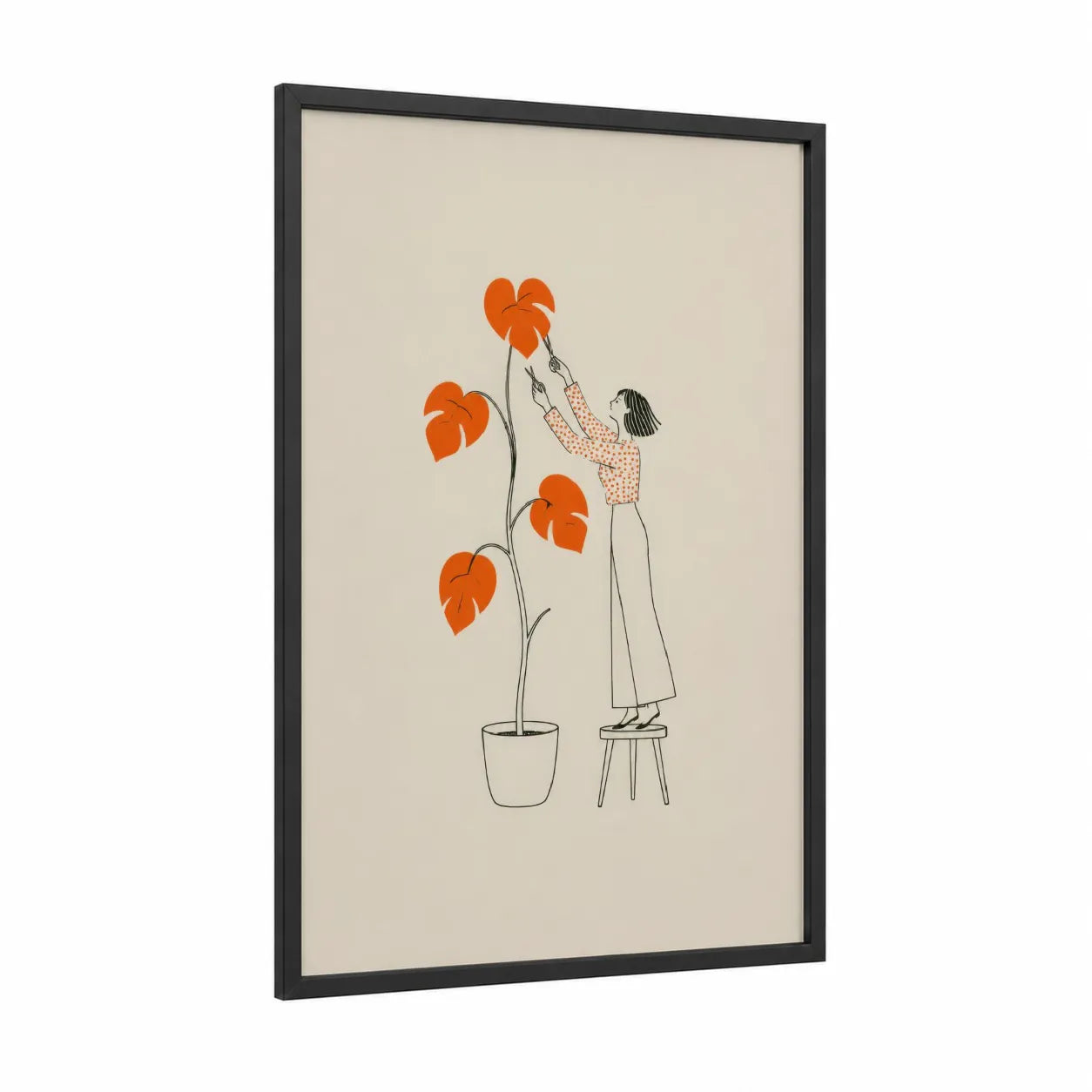Woman Tending Monstera Plant Wall Art framed art print — black wood frame — orange and beige palette
