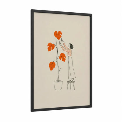Woman Tending Monstera Plant Wall Art framed art print — black wood frame — orange and beige palette
