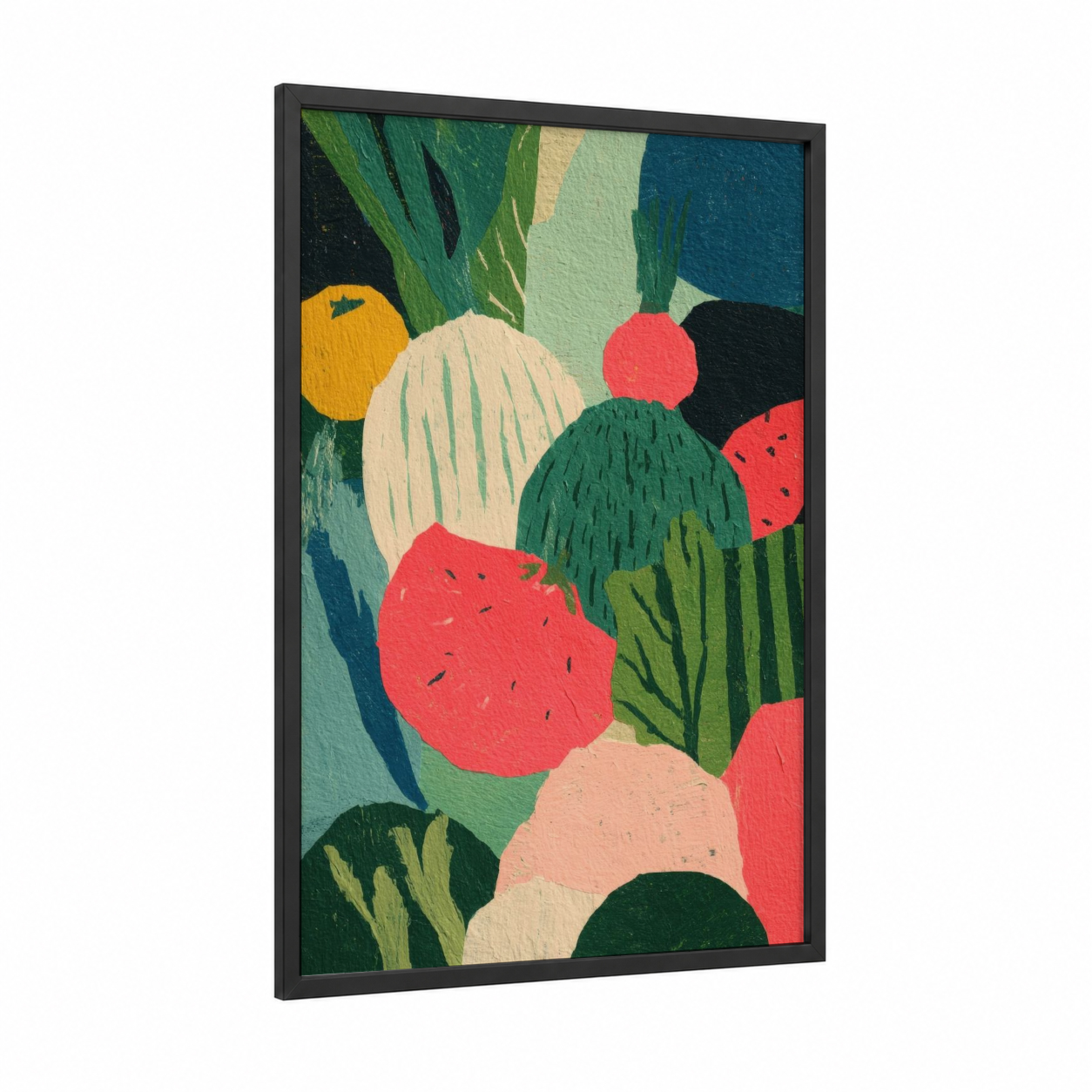 Colorful Salad Composition framed art print — black wood frame — green and red palette