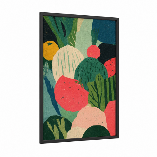 Colorful Salad Composition framed art print — black wood frame — green and red palette