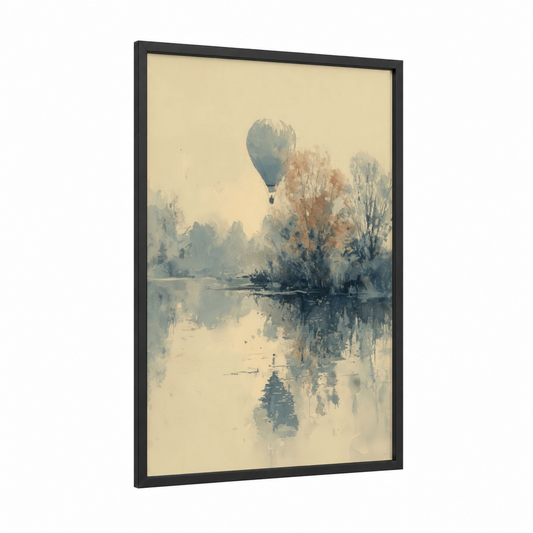 Misty River Ascent framed hot air baloon print — black wood frame — cream and dove gray palette