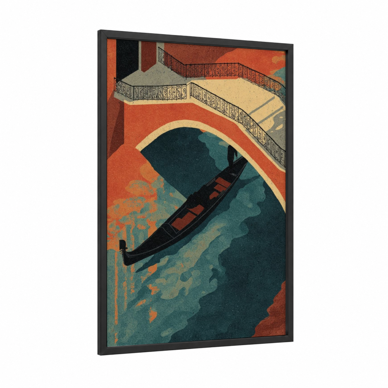 Venetian Gondola framed art print — black wood frame — orange and teal palette