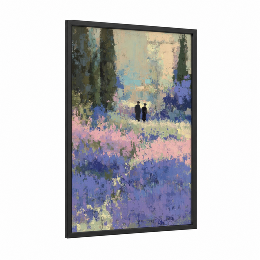 Lavender Monastery framed art print — black wood frame — blue and pink palette