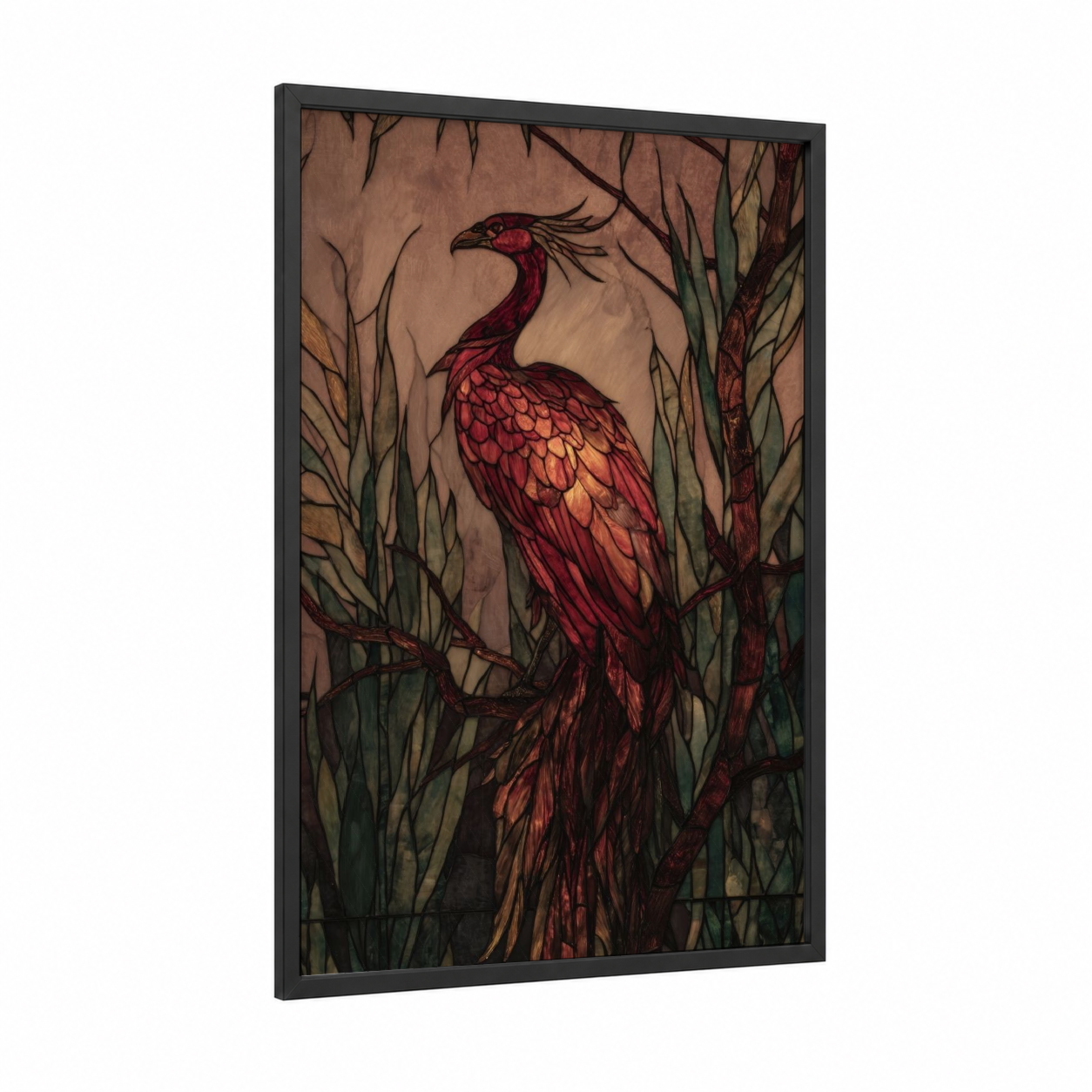 Crimson Phoenix framed art print — black wood frame — red and gold palette
