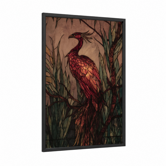 Crimson Phoenix framed art print — black wood frame — red and gold palette
