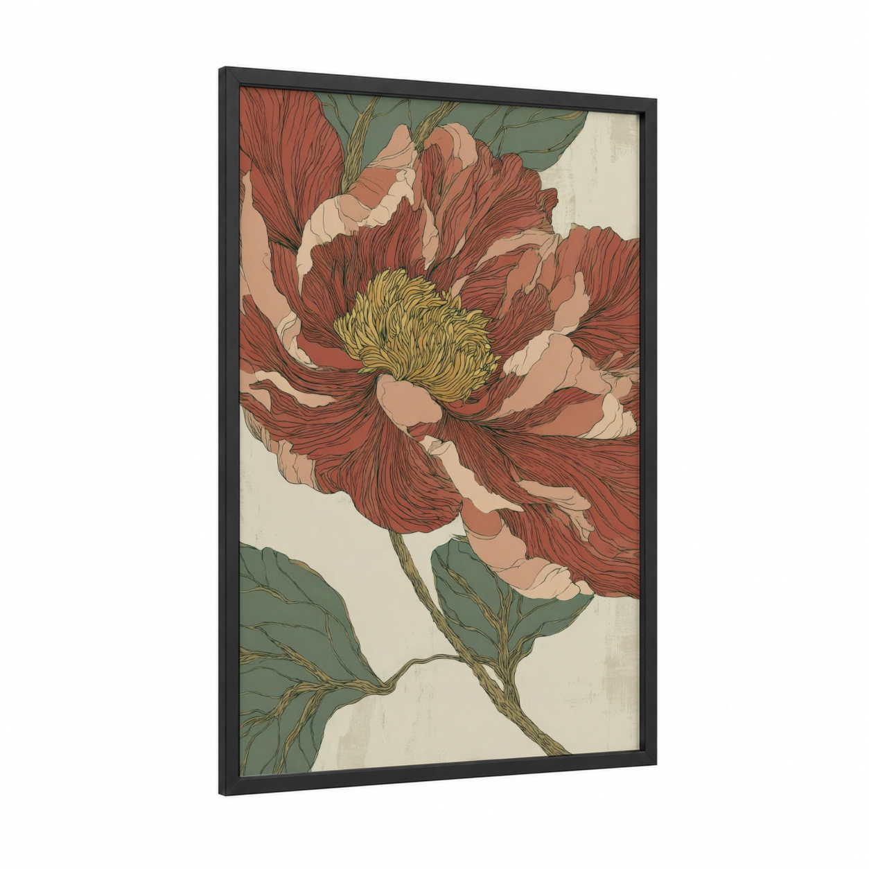 Crimson Peony Bloom framed art print — black wood frame — russet and sage green palette