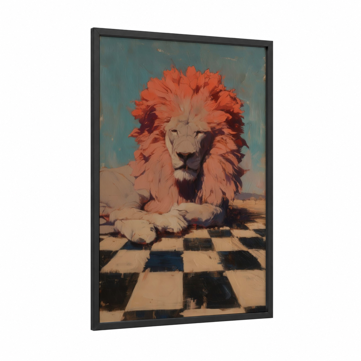 Regal Lion Portrait framed art print — black wood frame — orange and teal palette