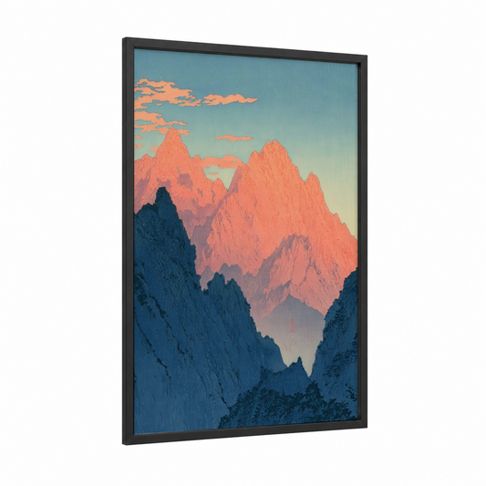 Alpine Sunrise framed the sun print — black wood frame — blue and gold palette