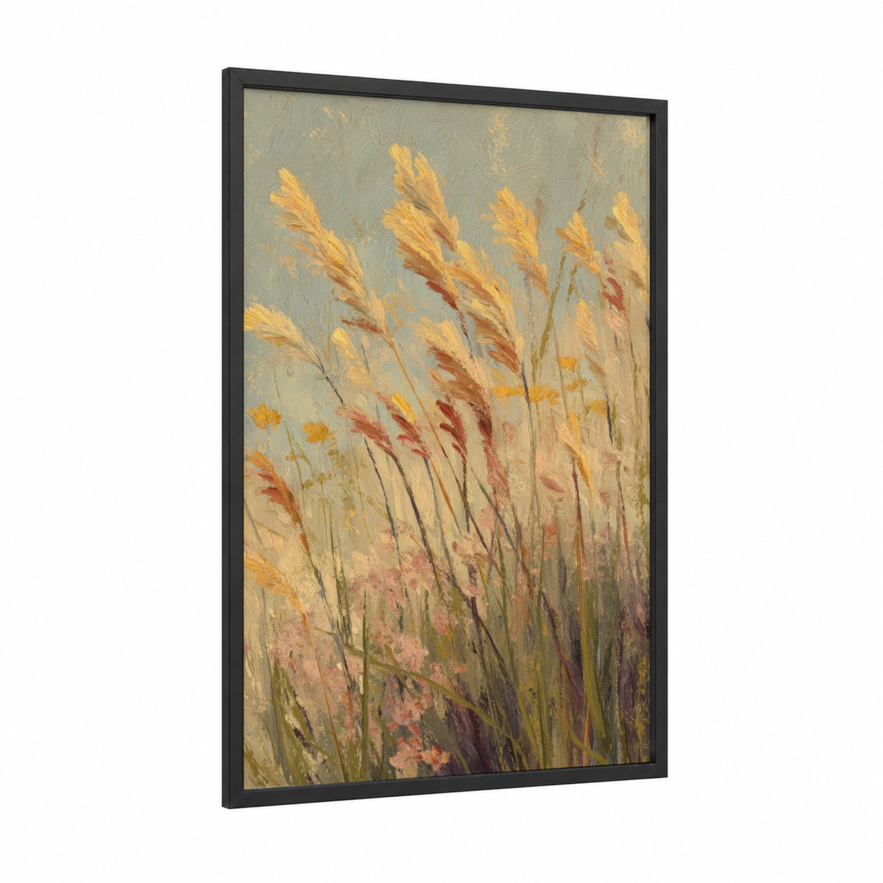 Golden Grain Field framed grass print — black wood frame — gold and sage green palette