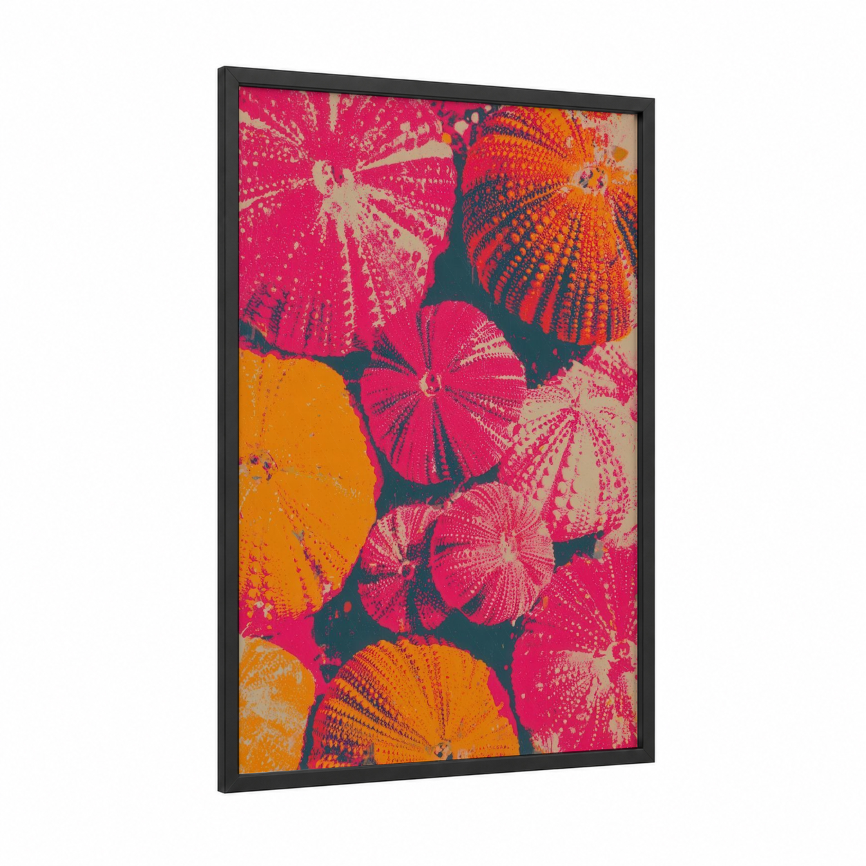 Vibrant Sea Urchin framed art print — black wood frame — magenta and orange palette