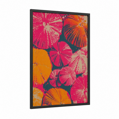 Vibrant Sea Urchin framed art print — black wood frame — magenta and orange palette