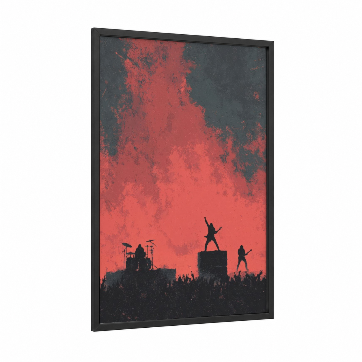 Crimson Stage Silhouette framed death metal print — black wood frame — red and black palette