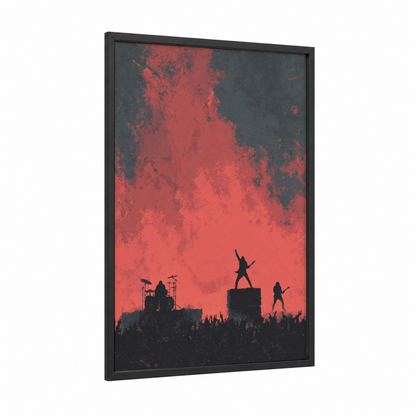 Crimson Stage Silhouette framed death metal print — black wood frame — red and black palette