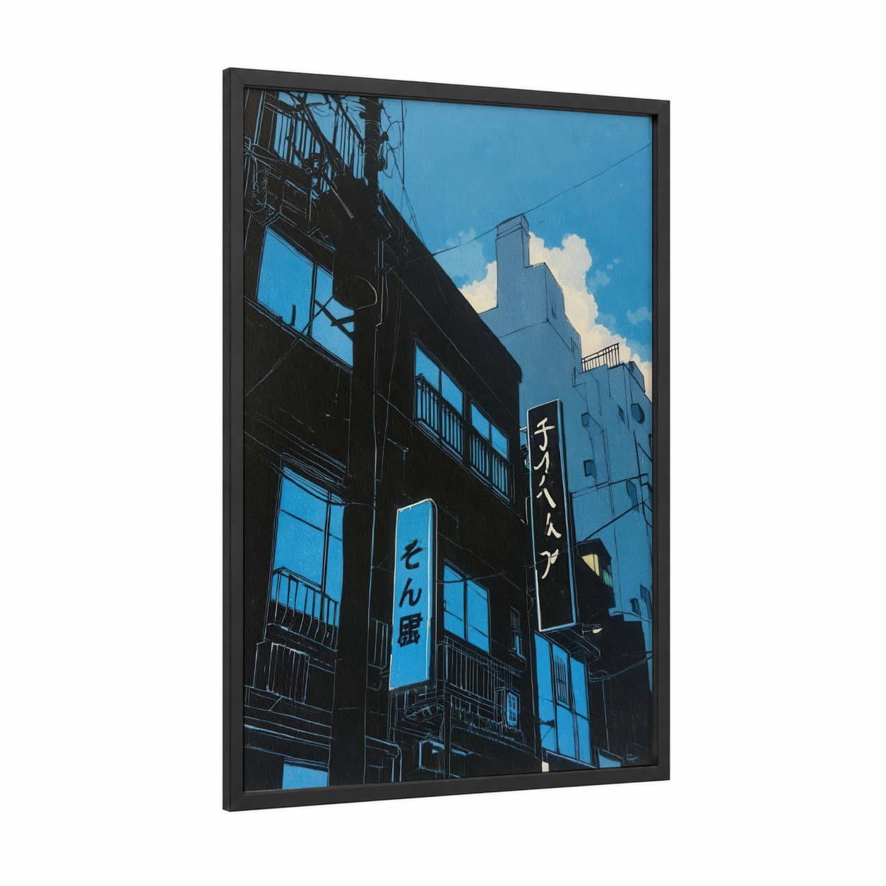 Tokyo Urban Skyline framed abstract architecture print — black wood frame — blue and black palette