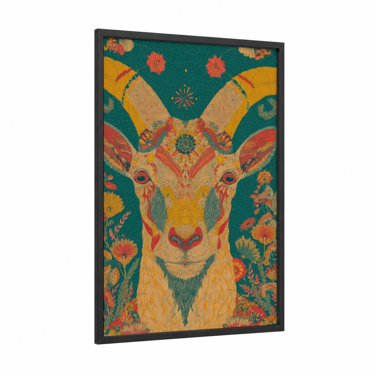 Golden Capricorn framed art print — black wood frame — gold and teal palette