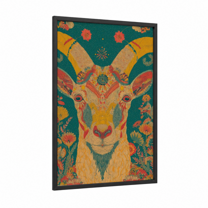 Golden Capricorn framed art print — black wood frame — gold and teal palette