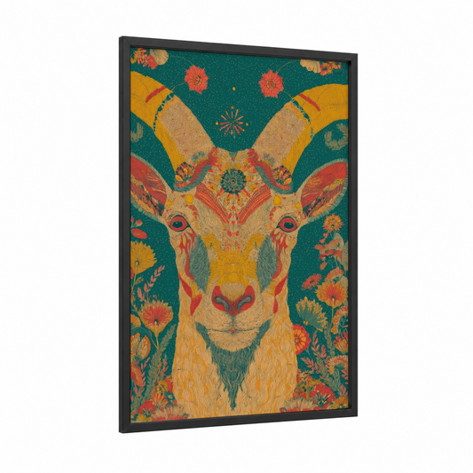 Golden Capricorn framed art print — black wood frame — gold and teal palette