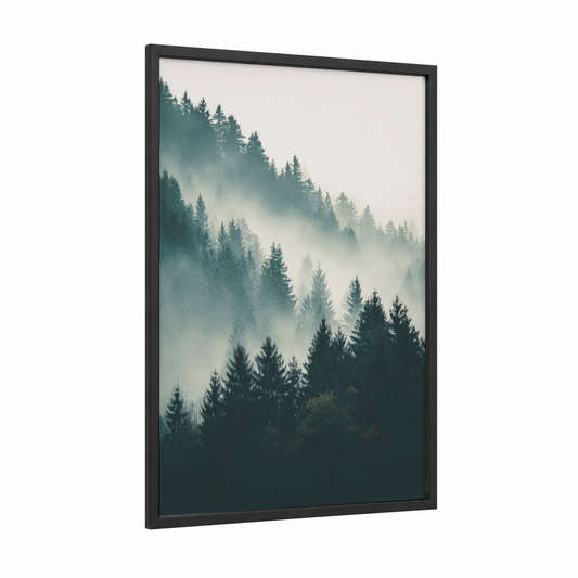 Misty Forest Layers framed art print — black wood frame — gray and dark green palette