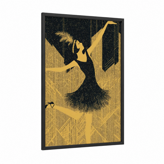 Golden Dancer framed retro fashion print — black wood frame — gold and white and black and gold palette